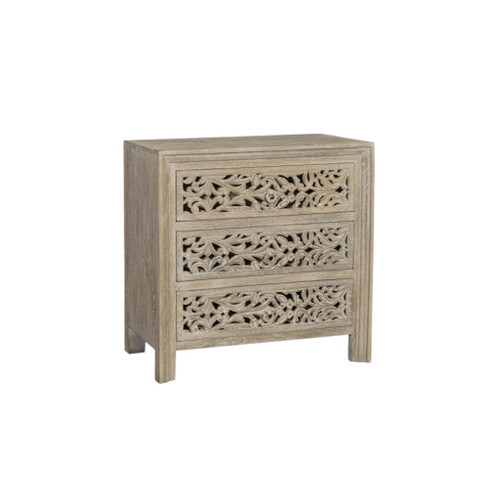 30" Natural Solid Wood Distressed Carved Floral Three Drawer Nightstand