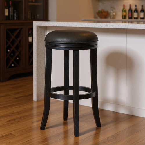 31" Gray and Black Faux Leather and Solid Wood Backless Bar Height Swivel Bar Chair