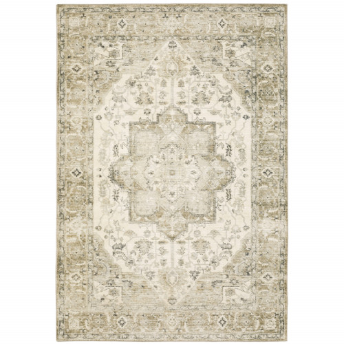 Homeroots Home Decor 8' x 10' Oriental Power Loom Stain Resistant Area Rug, Tan Ivory Grey and Beige