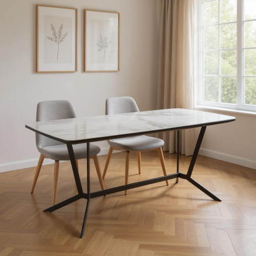 63" Gray White and Black Ceramic and Metal Trestle Base Dining Table