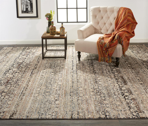 Homeroots Home Decor 7' x 10' Gray, Ivory and Tan Abstract Distressed Area Rug with Fringe