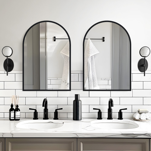 Set of Two Black Arch Wood Framed Bathroom Vanity Mirrors