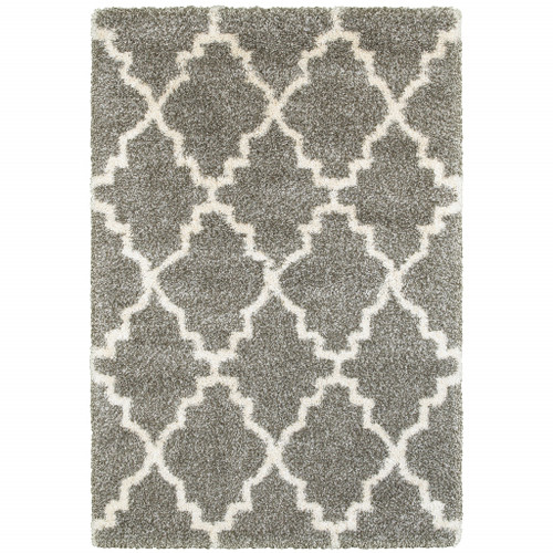 4' X 6' Grey And Ivory Geometric Shag Power Loom Stain Resistant Area Rug