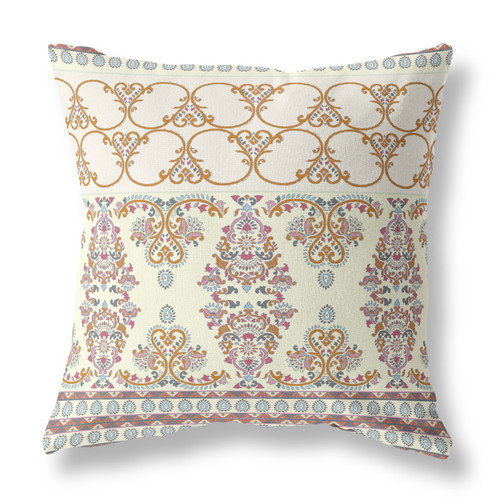 20" X 20" Off White And Orange Broadcloth Floral Throw Pillow
