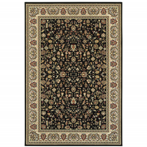 5' X 8' Black And Ivory Oriental Power Loom Stain Resistant Area Rug