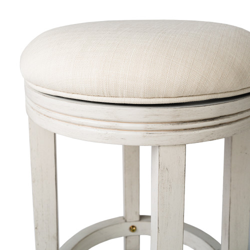 26" Bone and Antiqued White Fabric and Solid Wood Backless Counter Height Swivel Bar Chair
