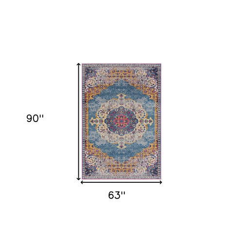 5' x 8' Blue and Orange Medallion Power Loom Area Rug