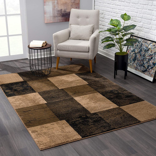 Homeroots Home Decor 2' x 15' Brown Geometric Blocks Runner Rug