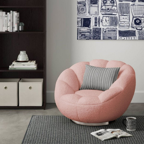 24" Pink Sherpa And Silver Clamshell Swivel Barrel Chair