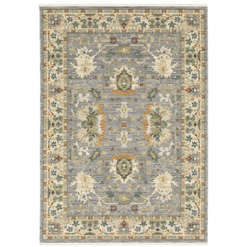 Homeroots Home Decor 3' x 5' Oriental Area Rug, Grey Ivory Orange Teal Green Charcoal Blue and Red, Power Loom Stain Resistant with Fringe