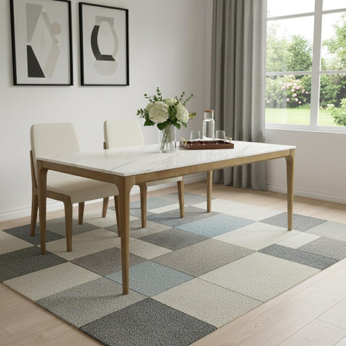 79" White and Oak Faux Marble and Wood Dining Table
