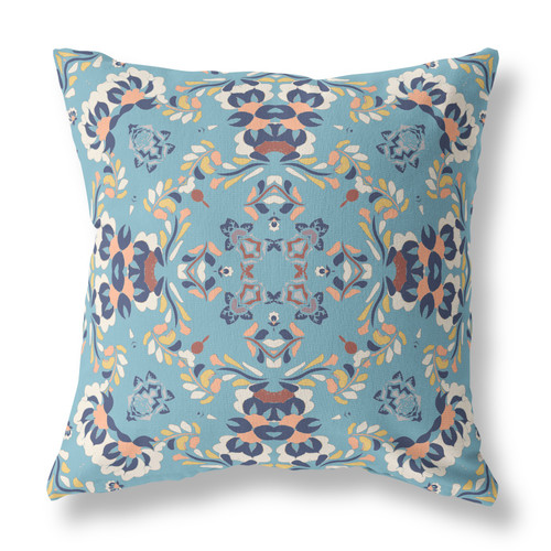 20" X 20" Gray And Blue Broadcloth Floral Throw Pillow