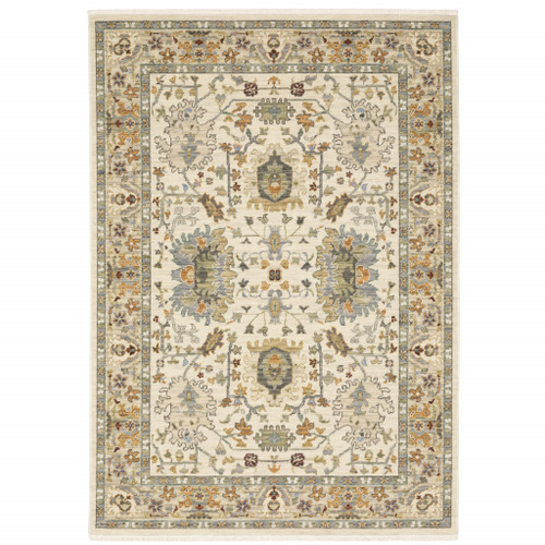Homeroots Home Decor 10' x 13' Oriental Area Rug, Multi-Color Grey Ivory Orange Teal Green Charcoal Blue Red, Power Loom Stain Resistant with Fringe