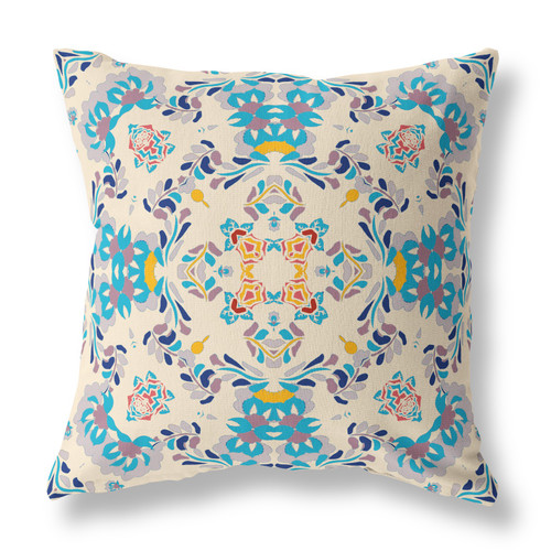 26" X 26" Off White And Blue Broadcloth Floral Throw Pillow