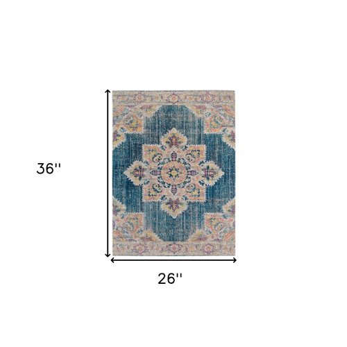 2' x 3' Teal Blue Medallion Power Loom Area Rug With Fringe