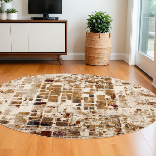 8' Natural And Brown Abstract Distressed Round Rug