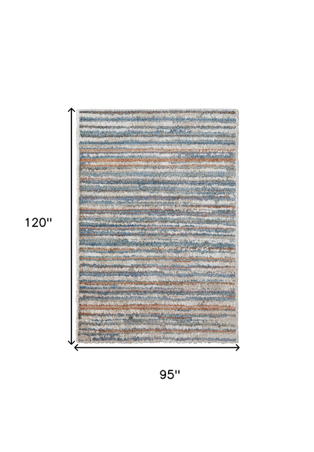 8' X 10' Ivory and Blue Striped Power Loom Area Rug