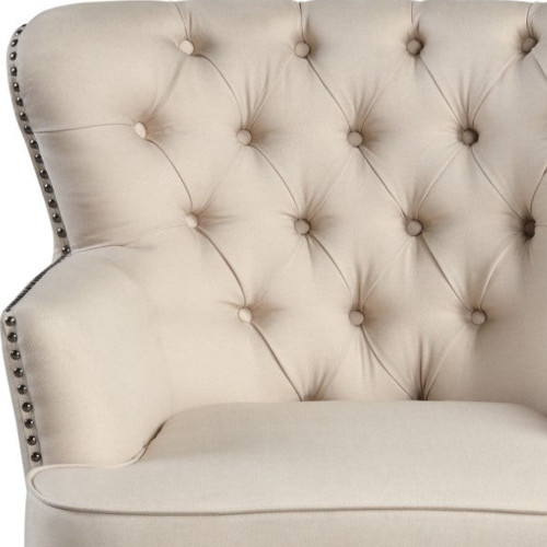 35" Beige and Black Fabric Tufted Wingback Chair