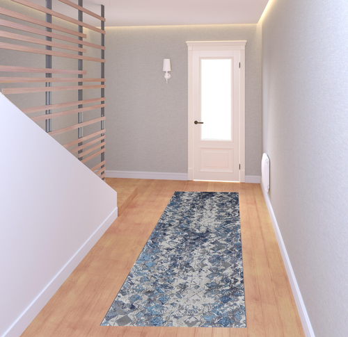 8' Blue Ivory And Gray Geometric Distressed Runner Rug