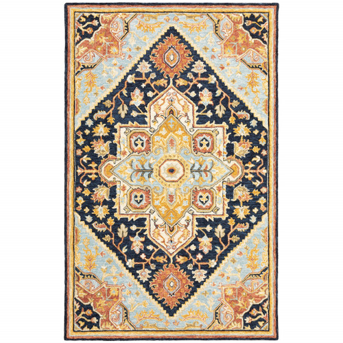 4' X 6' Navy Rust Blue Ivory And Gold Oriental Tufted Handmade Stain Resistant Area Rug