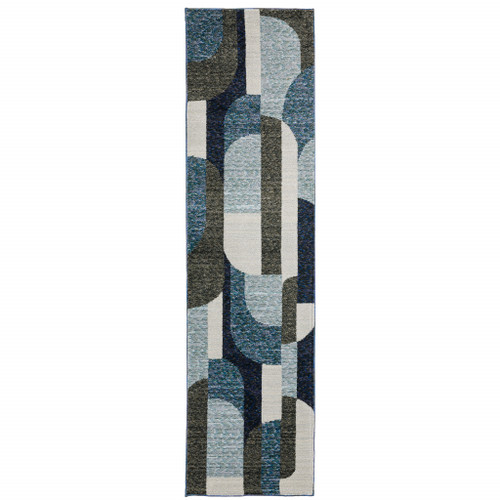 Homeroots Home Decor 2' x 8' Geometric Runner Rug, Blue Grey Charcoal Purple, Power Loom Stain Resistant