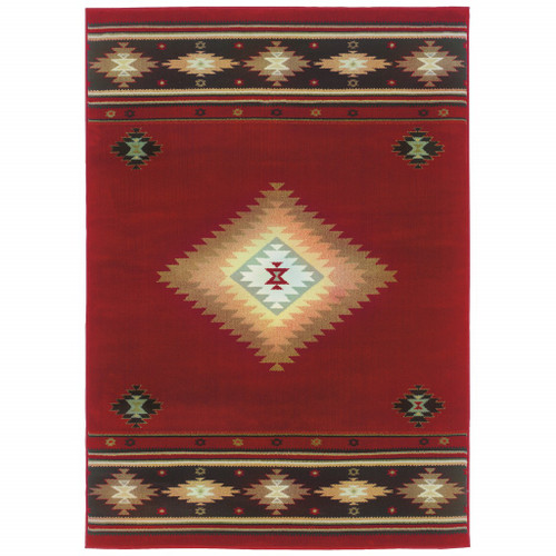Homeroots Home Decor 7' x 10' Red and Beige Ikat Pattern Area Rug