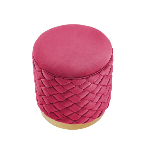 15" Fuchsia Quilted Velvet And Gold Round Ottoman