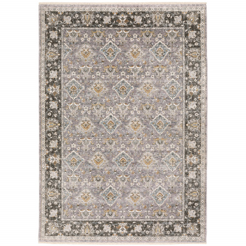Homeroots Home Decor 6' x 9' Grey and Blue Oriental Power Loom Stain Resistant Area Rug with Fringe