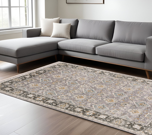 7' X 10' Gray And Blue Oriental Distressed Area Rug With Fringe