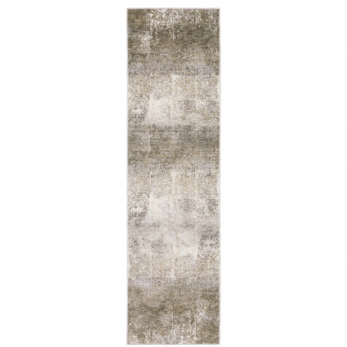 2' X 8' Ivory Grey Tan Brown And Beige Abstract Power Loom Stain Resistant Runner Rug