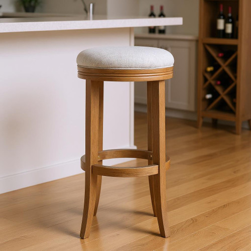 31" Sand and Natural Fabric and Solid Wood Backless Bar Height Swivel Bar Chair