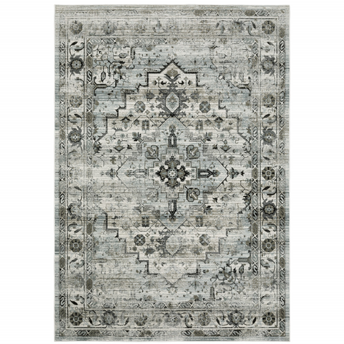 5' X 8' Ivory Grey Charcoal Blue And Taupe Oriental Power Loom Stain Resistant Area Rug