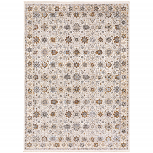 6' X 9' Ivory And Gold Oriental Power Loom Stain Resistant Area Rug With Fringe