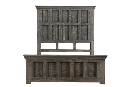Brown Carved Geometric Distressed Solid Wood Queen Bed Frame