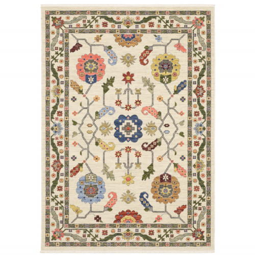 2' X 6' Ivory Green Blues Pink Yellow Rust Brown Tan And Grey Oriental Power Loom Stain Resistant Runner Rug With Fringe