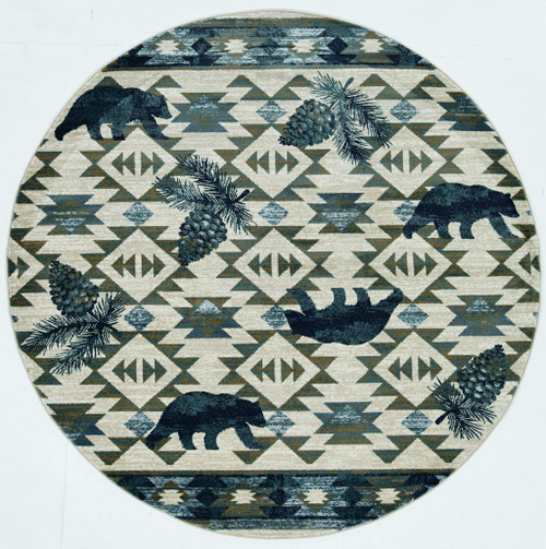 Homeroots Home Decor 7' Round Ivory or Blue Geometric Lodge Pattern Indoor Area Rug, Round Shape, Ivory/Blue Color