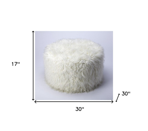 30" White Faux Fur Round Pouf Ottoman