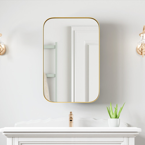 24" Gold Metal Framed Bathroom Vanity Mirror With Cabinet