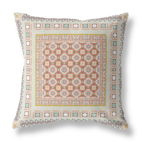 20" X 20" Off White And Orange Broadcloth Floral Throw Pillow