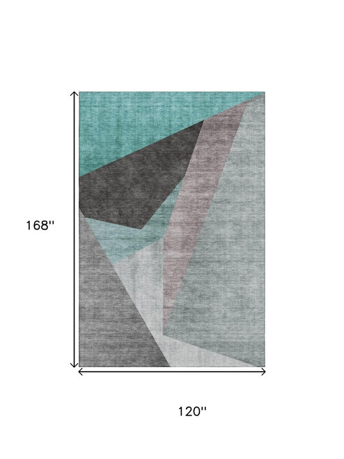 10' X 14' Teal Gray And Ivory Geometric Washable Area Rug With UV Protection