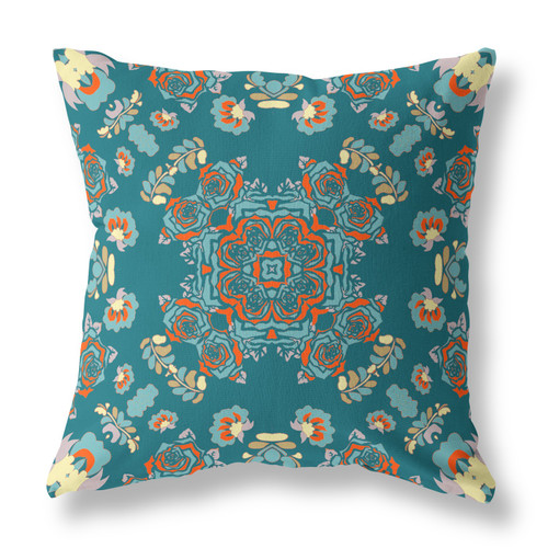 20" X 20" Green And Red Broadcloth Floral Throw Pillow