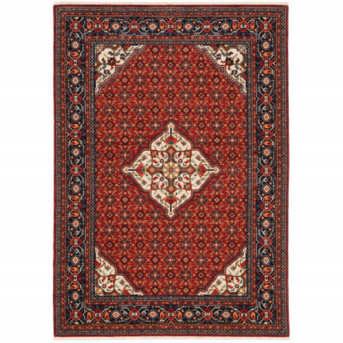 Homeroots Home Decor 5' x 8' Oriental Area Rug, Red Blue Ivory Orange Finish, Stain Resistant with Fringe
