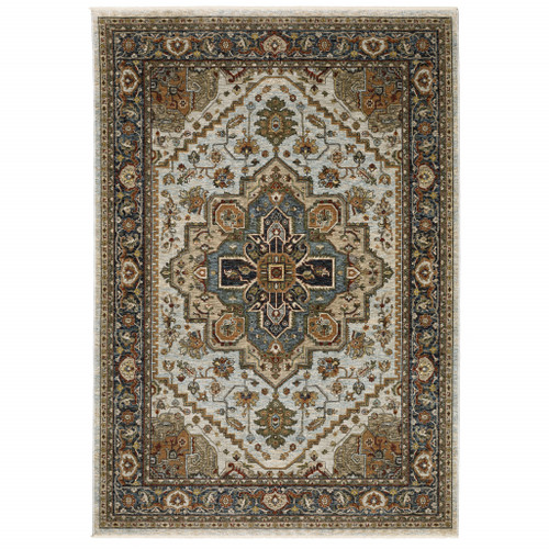 Homeroots Home Decor Blue Beige Grey Gold Green Rust Red Oriental Power Loom Stain Resistant Area Rug With Fringe 10' x 13'