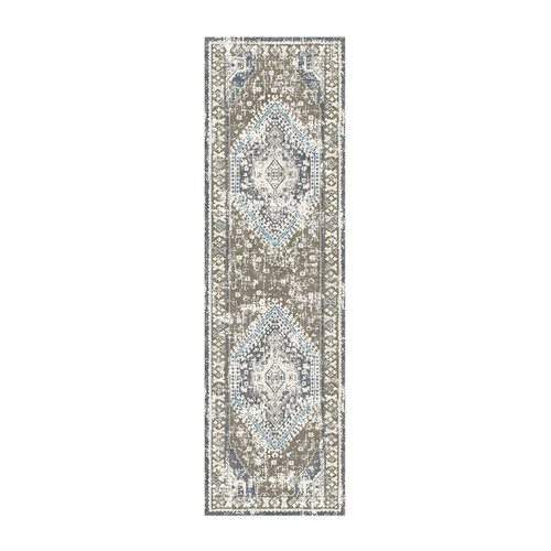8' Gray Beige and Blue Geometric Distressed Runner Rug With Fringe