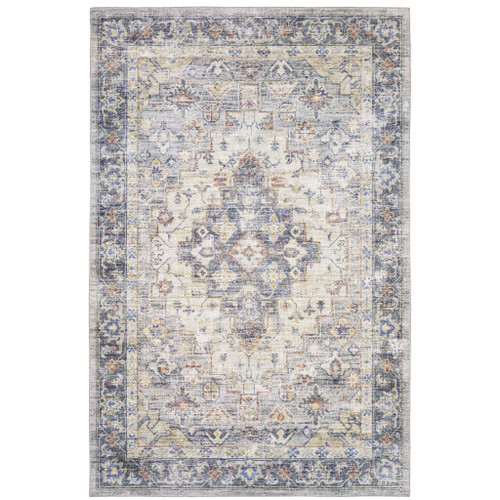 Homeroots Home Decor 8' X 10' Blue Gold Grey Orange Yellow And Purple Oriental Power Loom Stain Resistant Area Rug