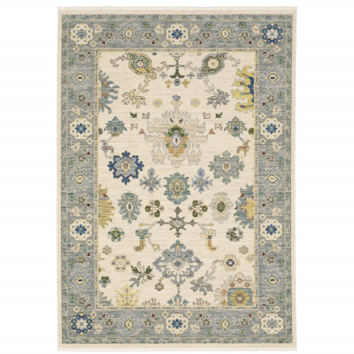 Homeroots 5' x 8' Oriental Power Loom Stain Resistant Area Rug with Fringe, Ivory Blue Grey Teal Gold Green Rust
