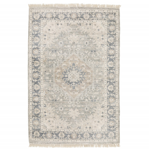 Homeroots Home Decor 5' X 8' Beige And Grey Oriental Hand Loomed Stain Resistant Area Rug With Fringe