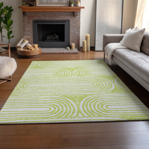 9' X 12' Green And Ivory Geometric Washable Area Rug With UV Protection