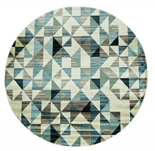 8' Beige Blue And Gray Geometric Round Rug