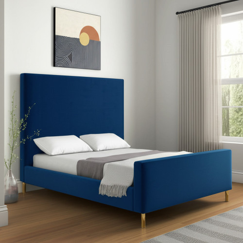 Navy Blue Velvet Upholstered Queen Bed Frame